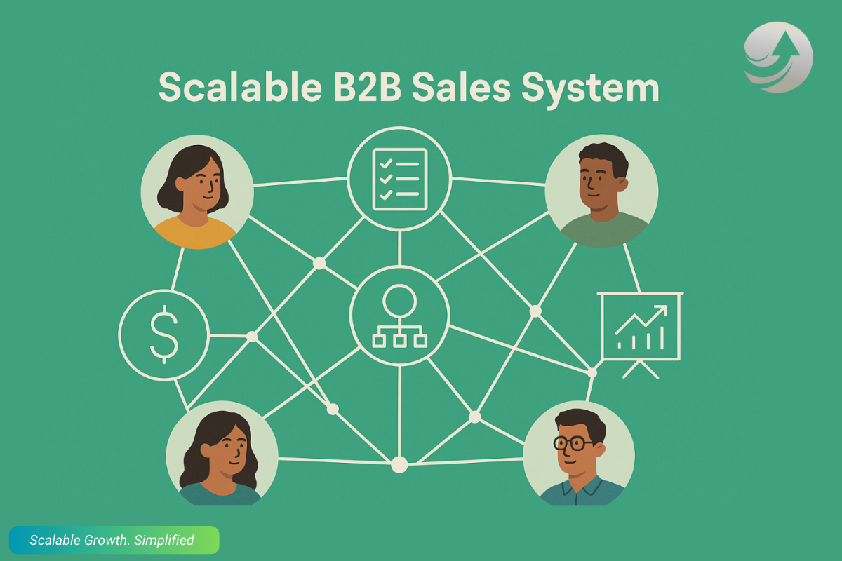 Conceptual illustration showing the connection between people and processes in a scalable B2B sales system. The image depicts team members connected to sales process elements through a network of relationships, emphasizing how systems thinking enables sustainable growth.