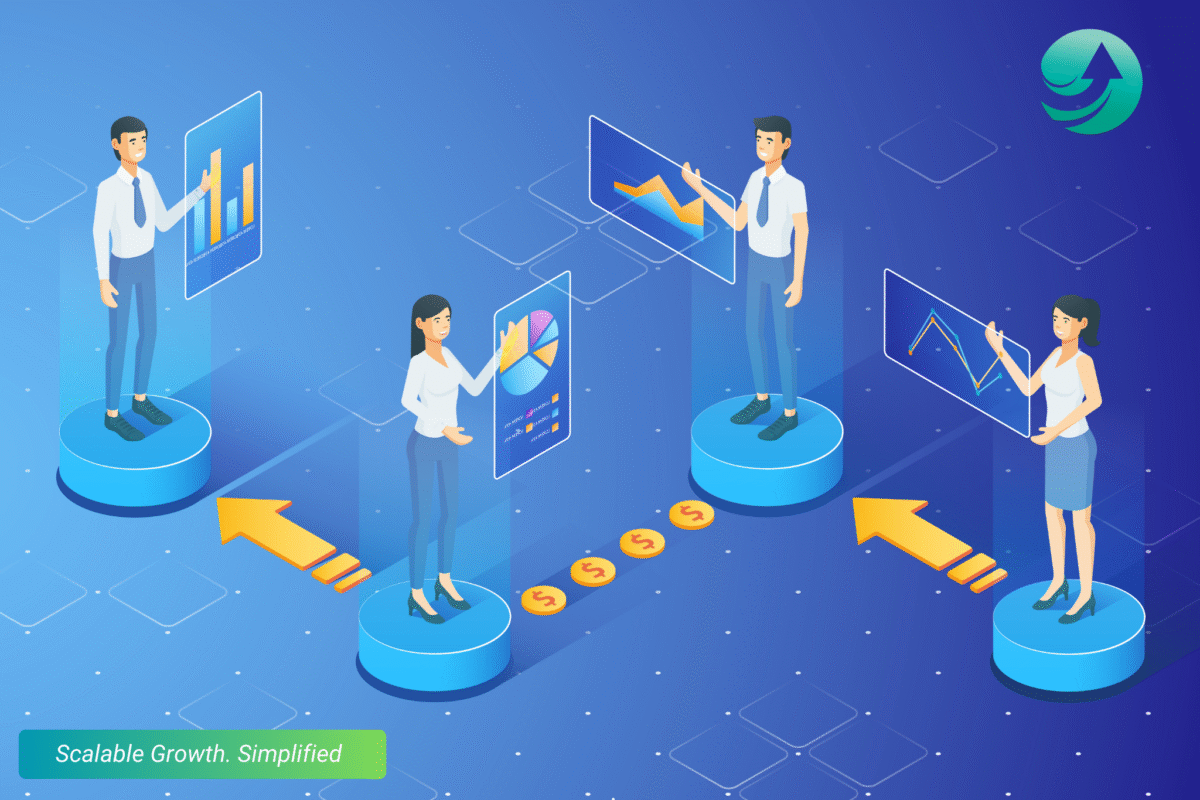 Illustration of a repeatable B2B sales system showing a team using automation and analytics across the customer journey, with upward arrows and growth icons.